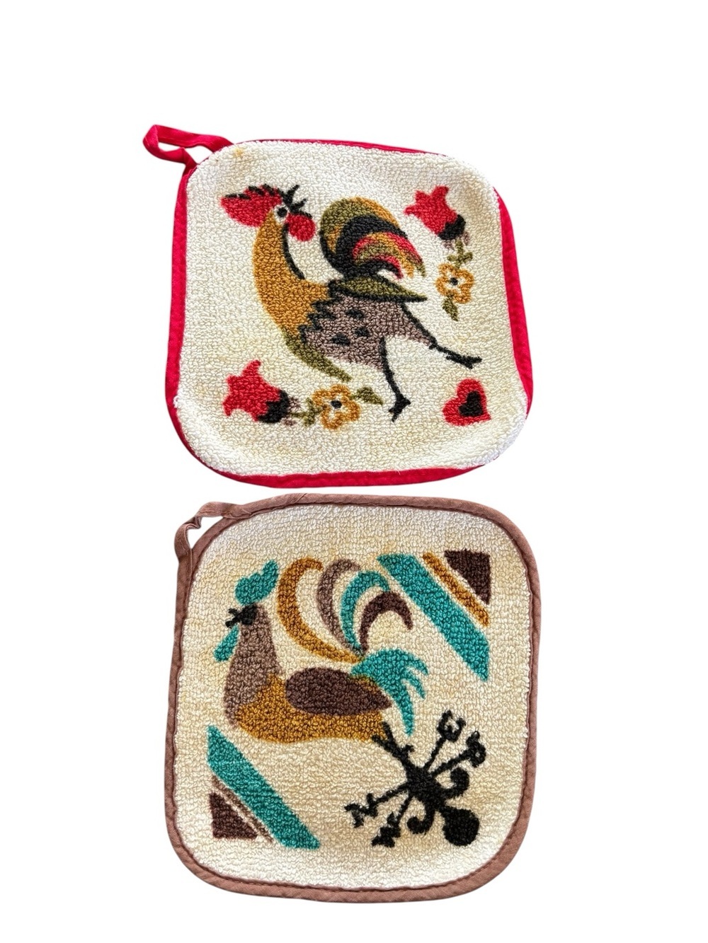 VTG Lot 2 50’s Square Rooster Hot Pads/Pot Holders Red/Teal With Hook Loop